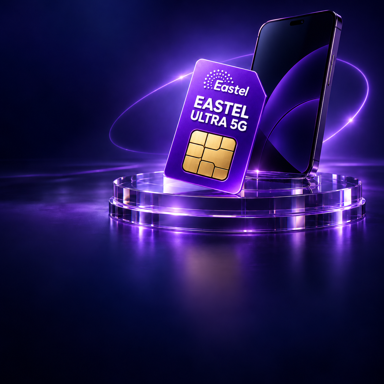 Visual 3D SIM Eastel Ultra 5G bersama telefon di atas platform kristal