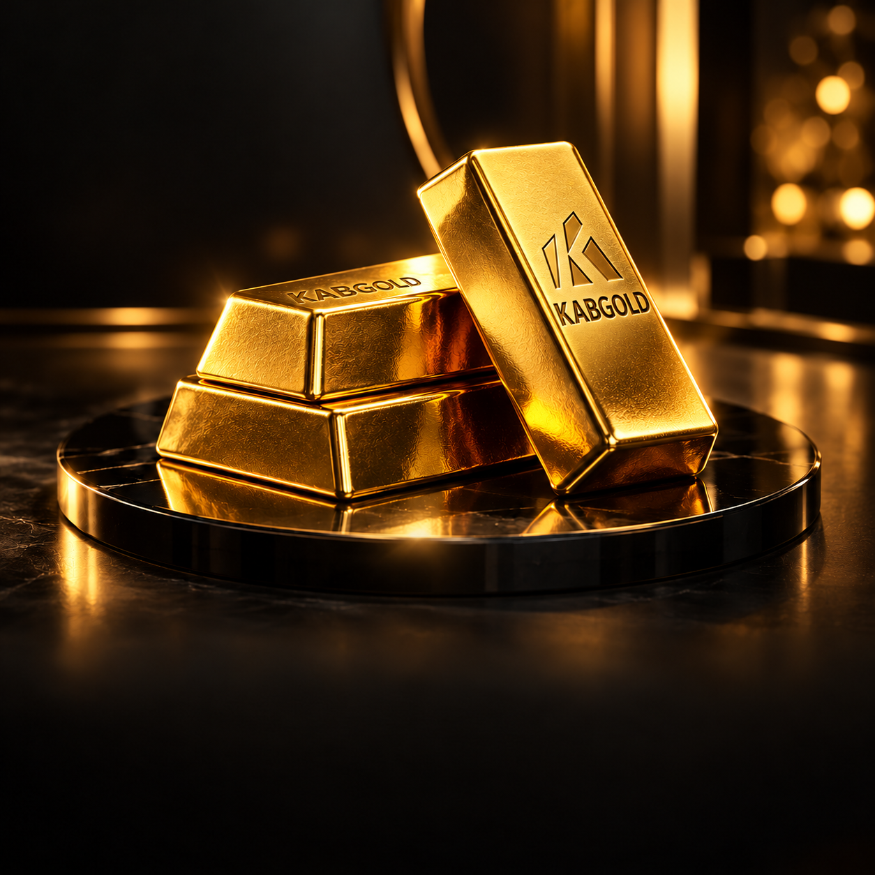 Visual 3D jongkong dengan tulisan KABGOLD di atas platform kaca